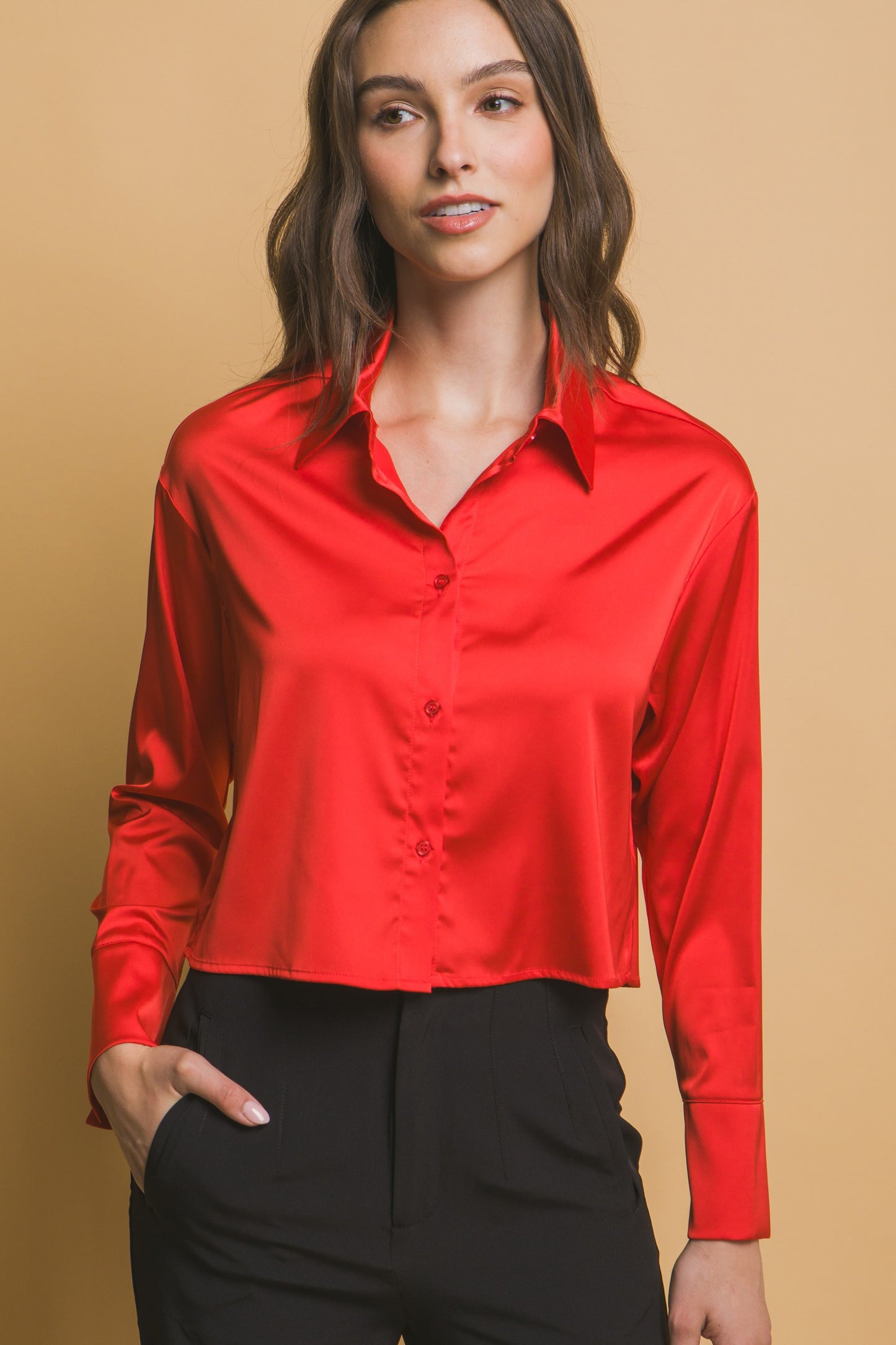 Red Satin Cropped Button Down