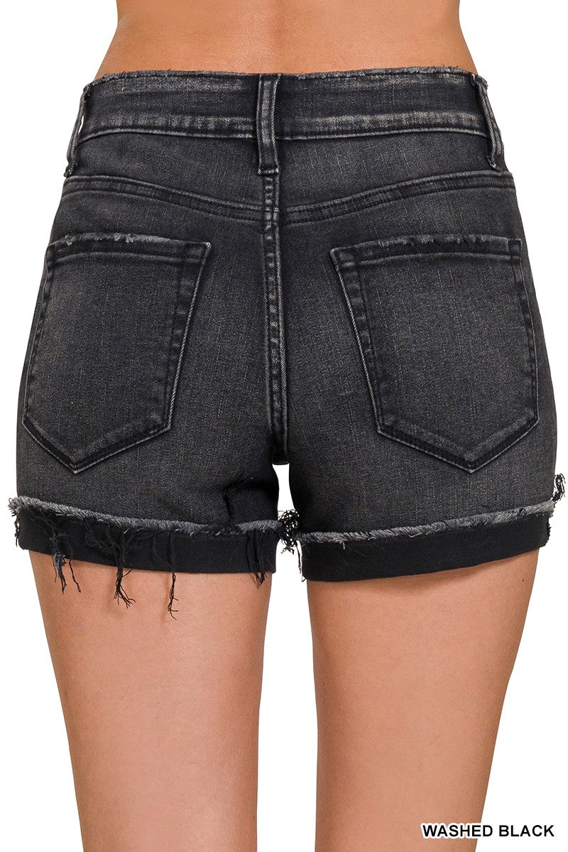 Black Cuffed Denim Shorts