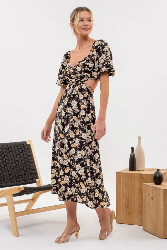 Open Back Floral Puff Sleeve Dress