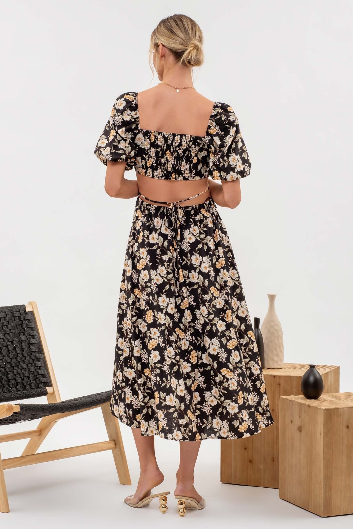 Open Back Floral Puff Sleeve Dress