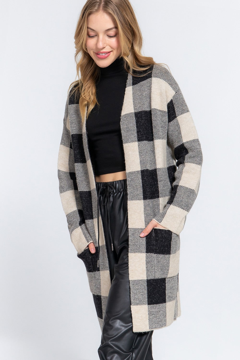 Oatmeal and Black Open Front Sweater Cardigan