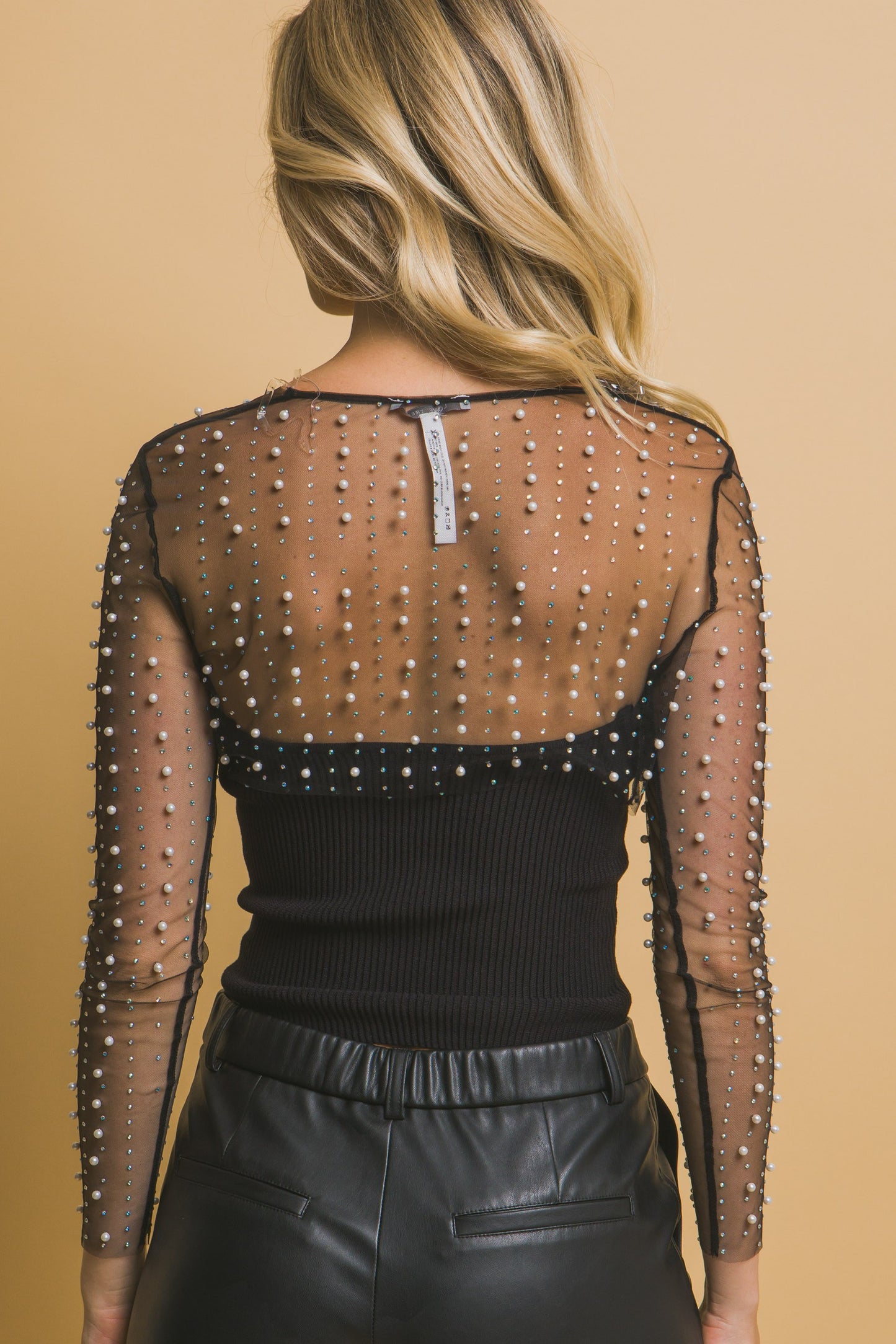 Open Front Mesh Pearl Top