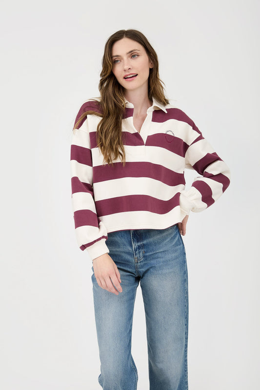 Maroon Striped Collared Long Sleeve Top