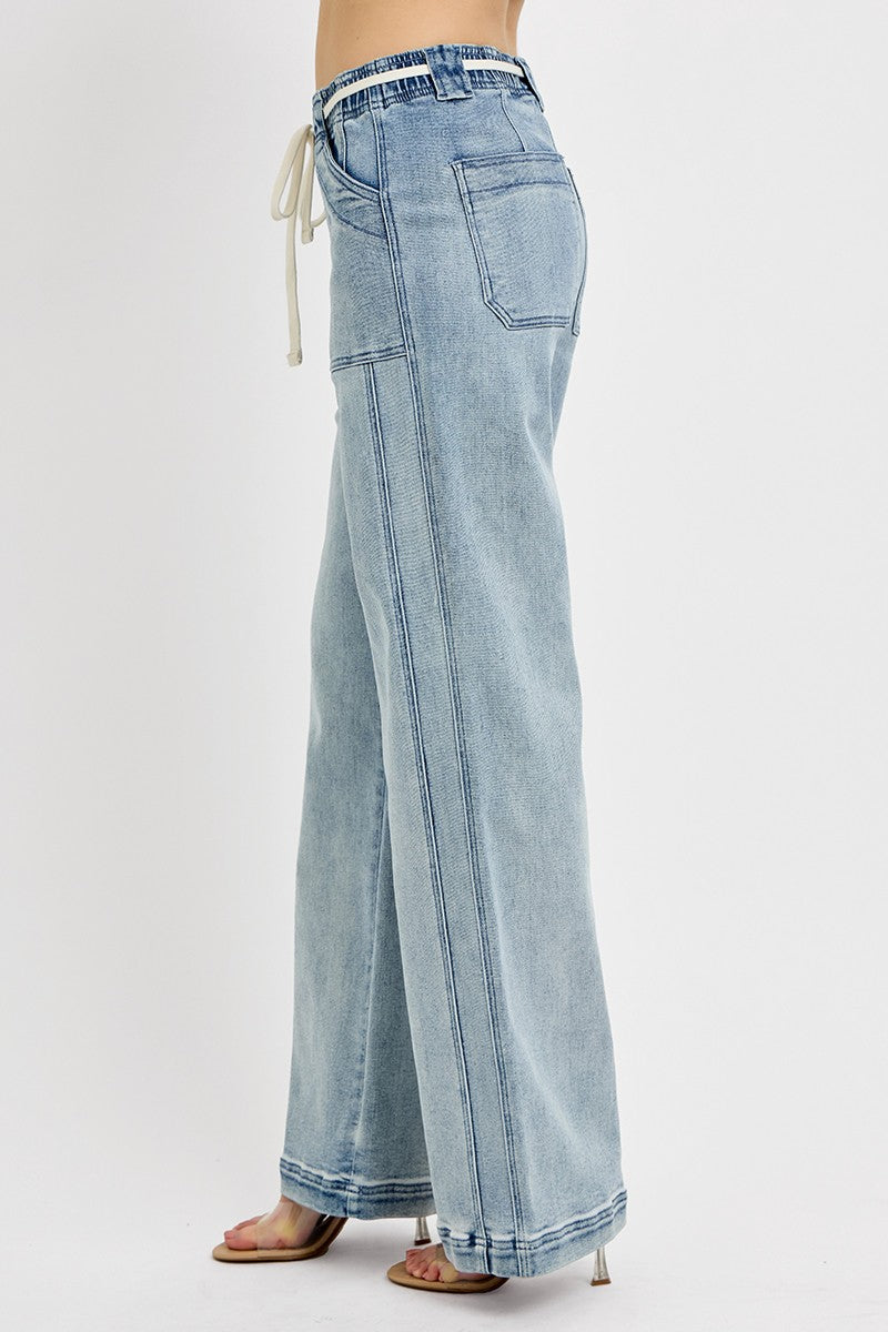 Light Wash Tie Waist Band Jean
