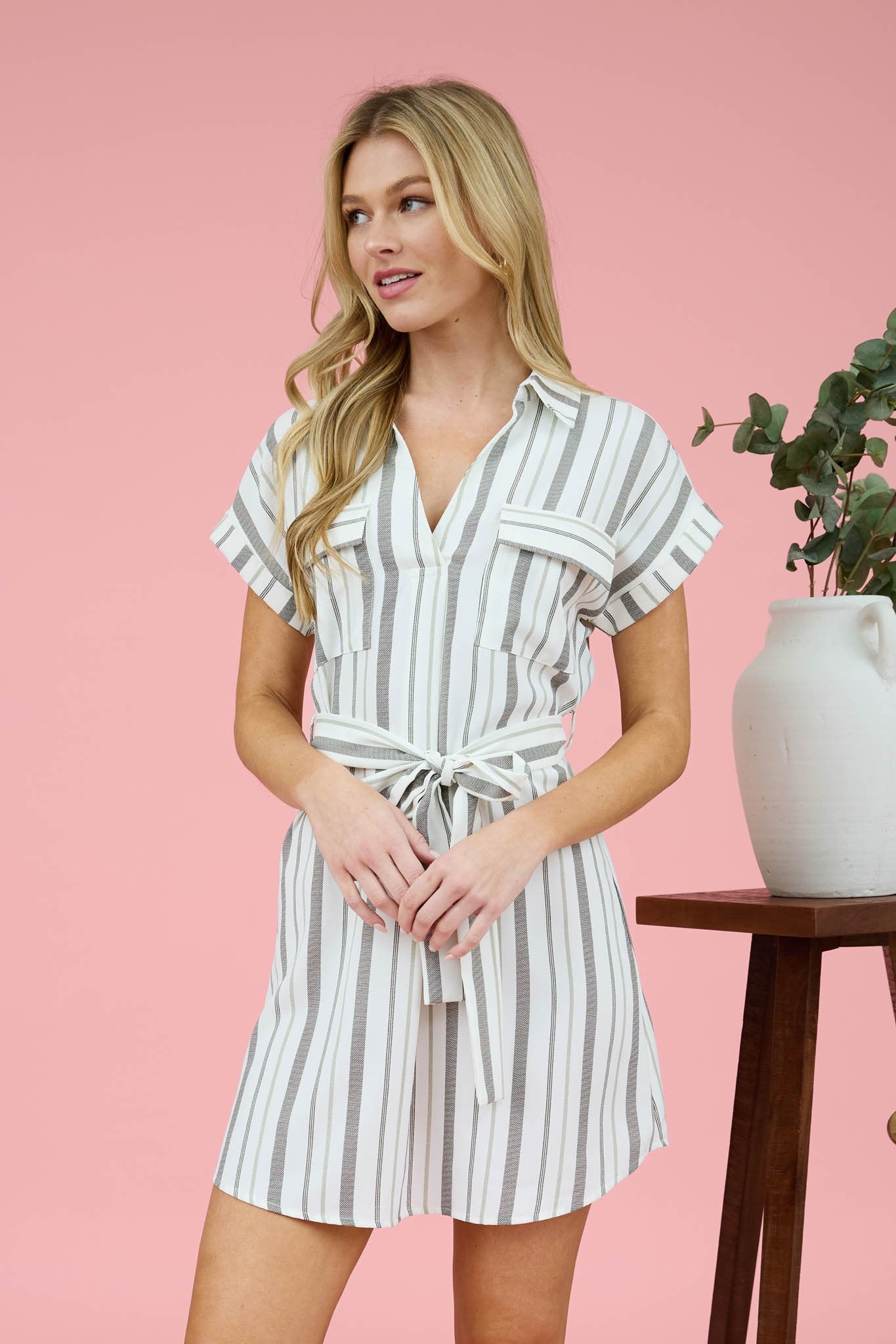 Olive Stripe Belted Shirt Dress
