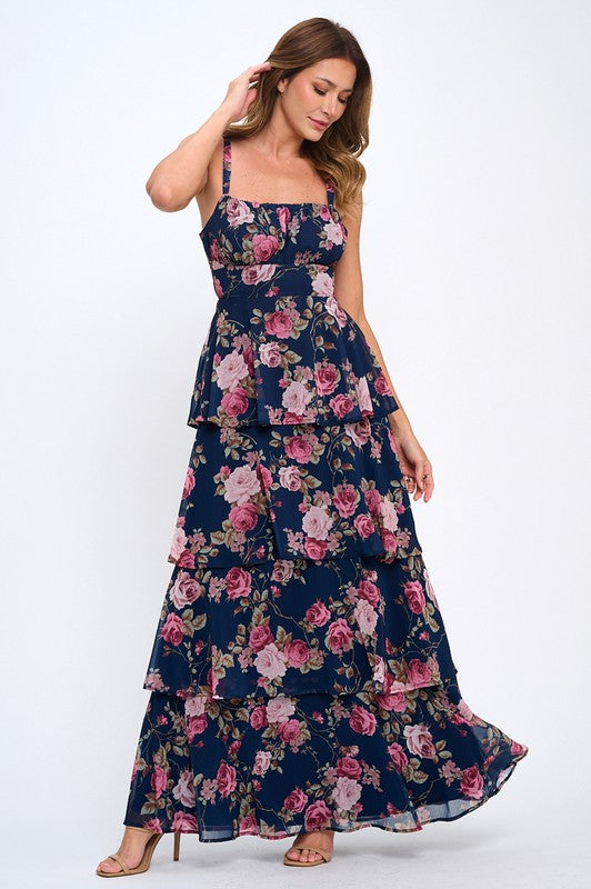 Navy Tiered Floral Maxi Dress