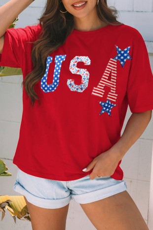 USA Patchwork Graphic Oversized Patriotic Tee