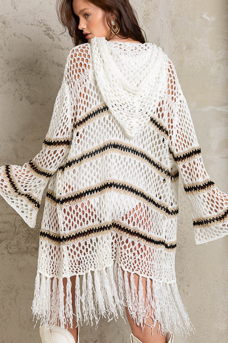 Off White Striped Fringe Hoodie Cardigan