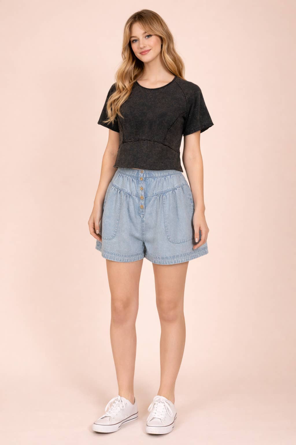Mineral Washed Knit Fitted Casual Crop Top: BLACK