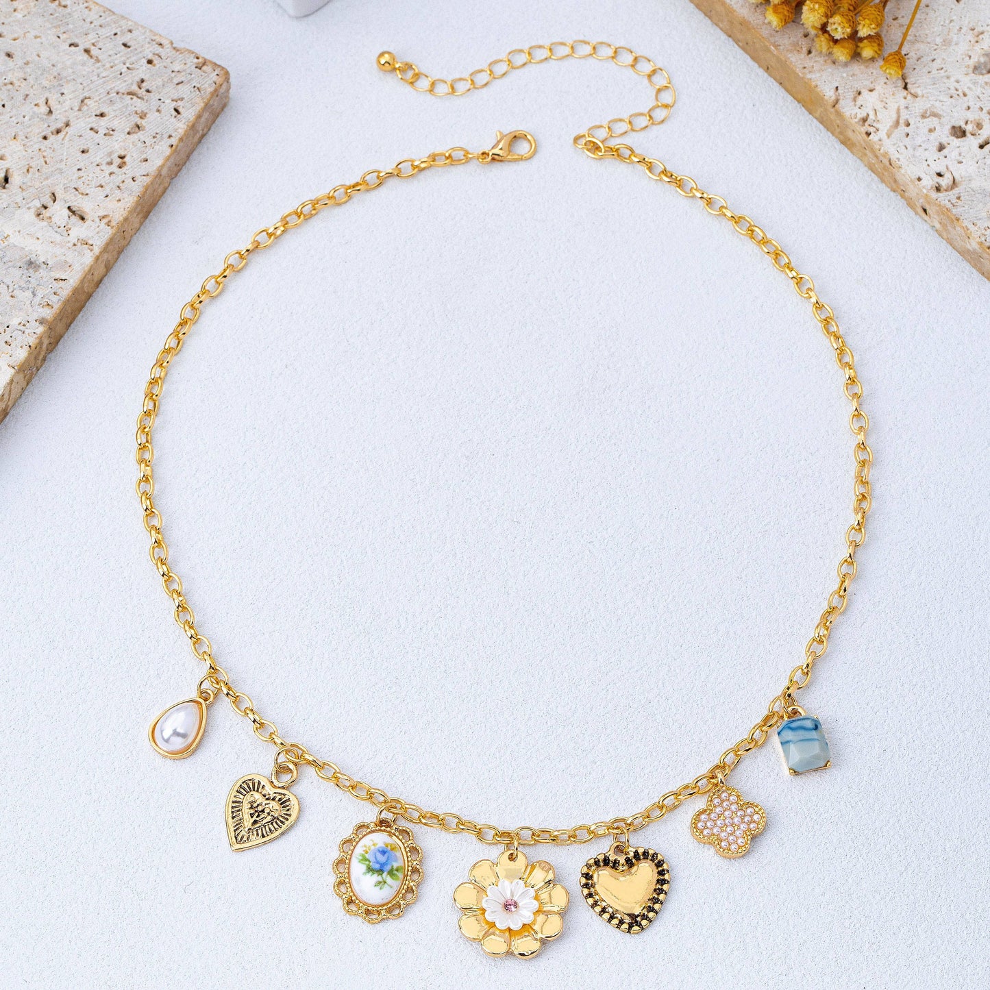 Vintage Heart Porcelain Multi Charm Necklace
