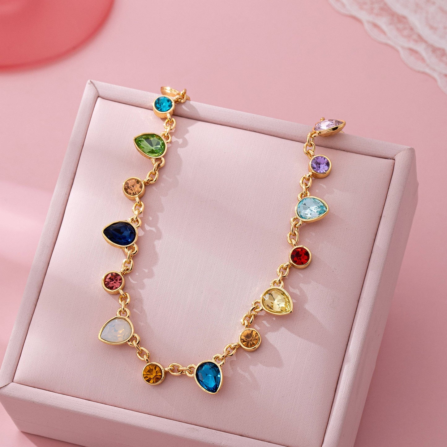 Rainbow Teardrop Gemstone Charm Necklace | Gold