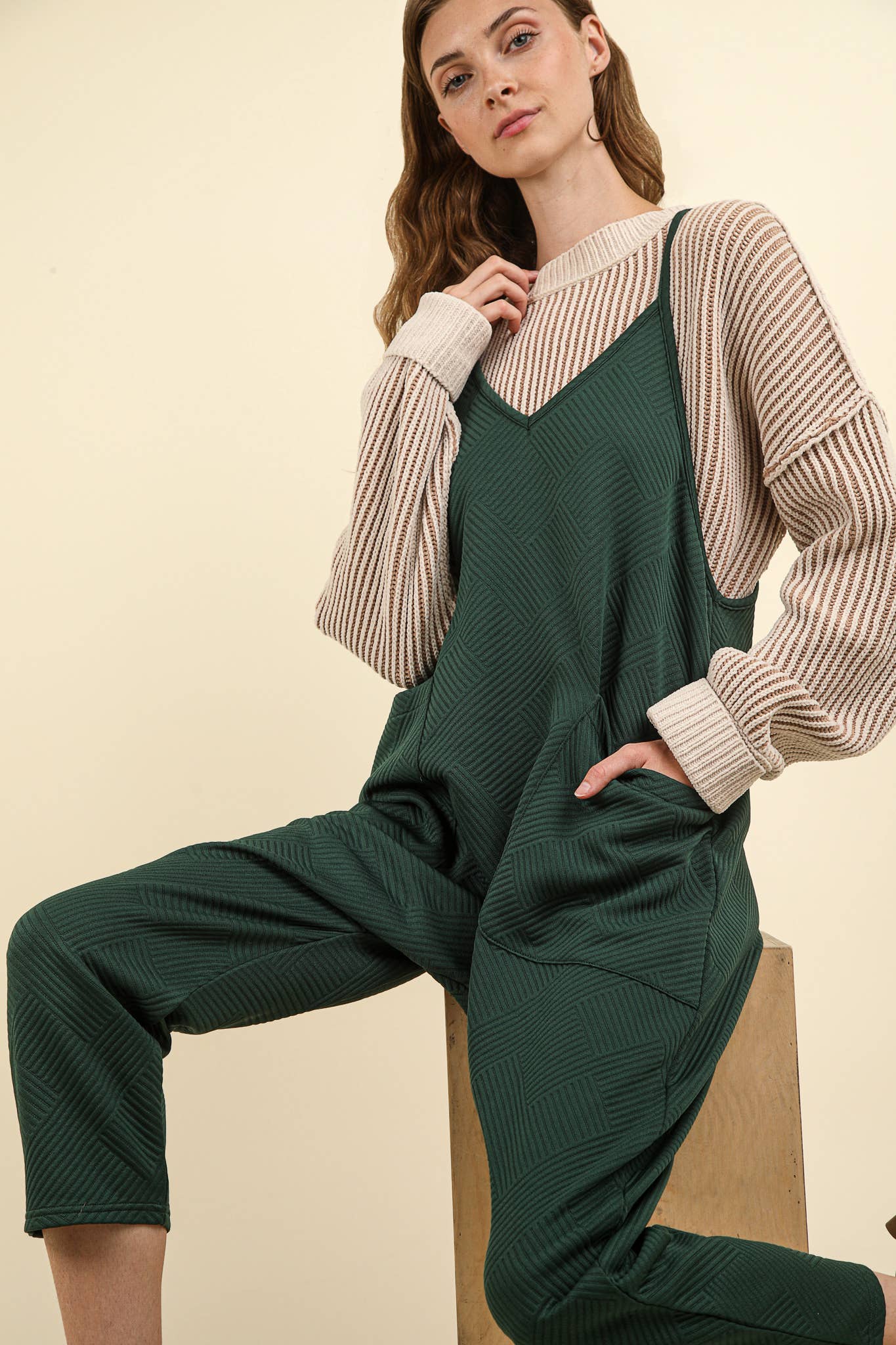 Quilted Loose Fit Casual Baggy Knit Jumpsuit: Olive