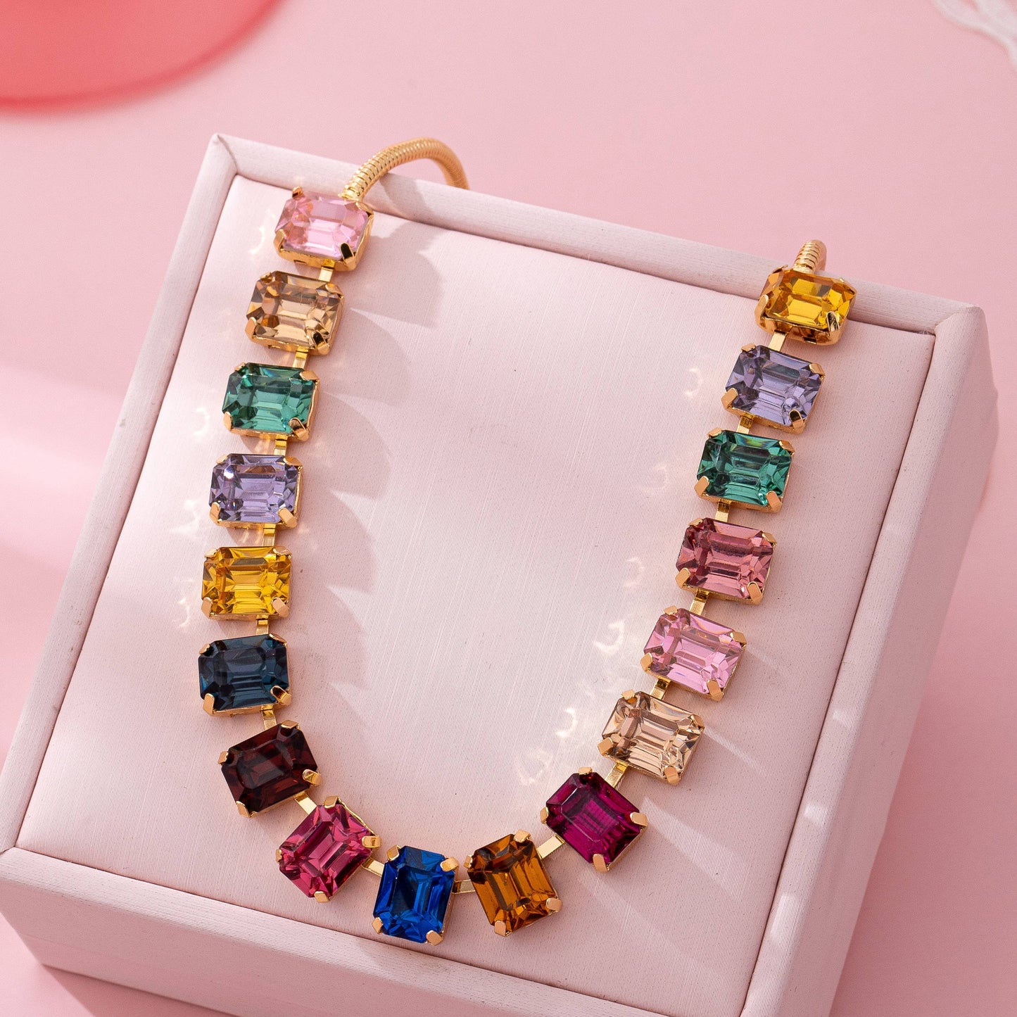Rainbow Emerald-Cut Gemstone Statement Necklace | Gold