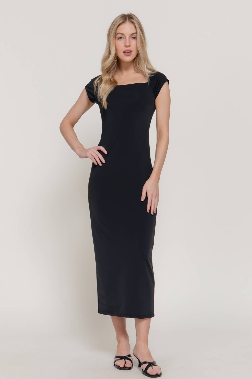 Cap Sleeve Wide Square Neck Power Span Jersey Midi Dress