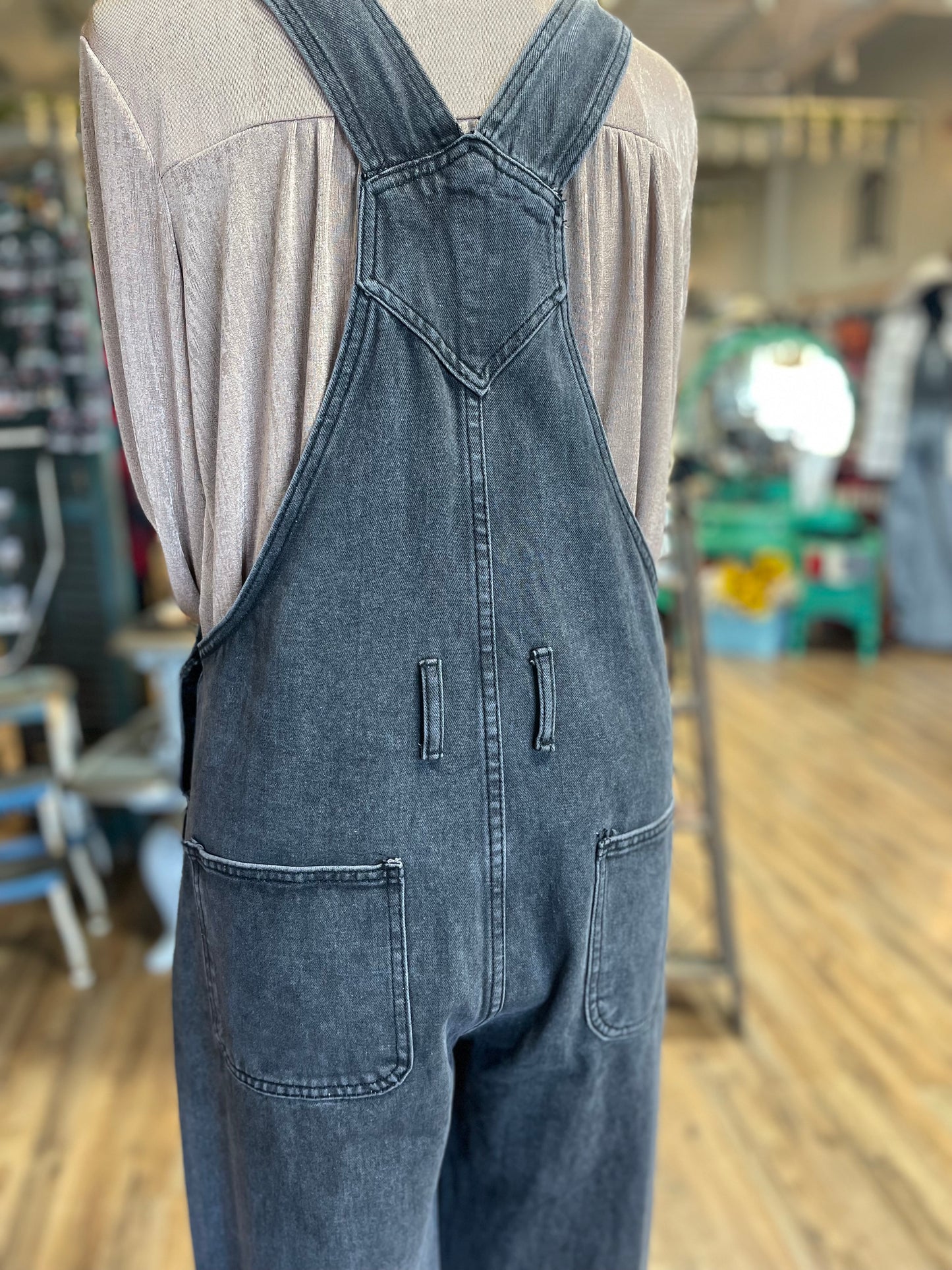 Black Vintage Washed Denim Overalls