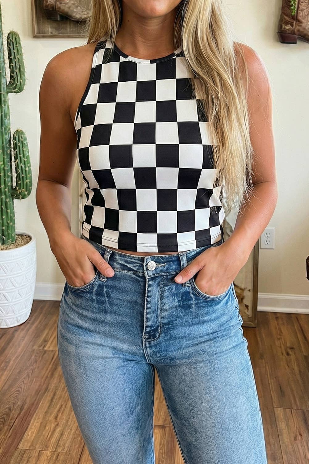 Checkerboard Printed Slim Tank Top