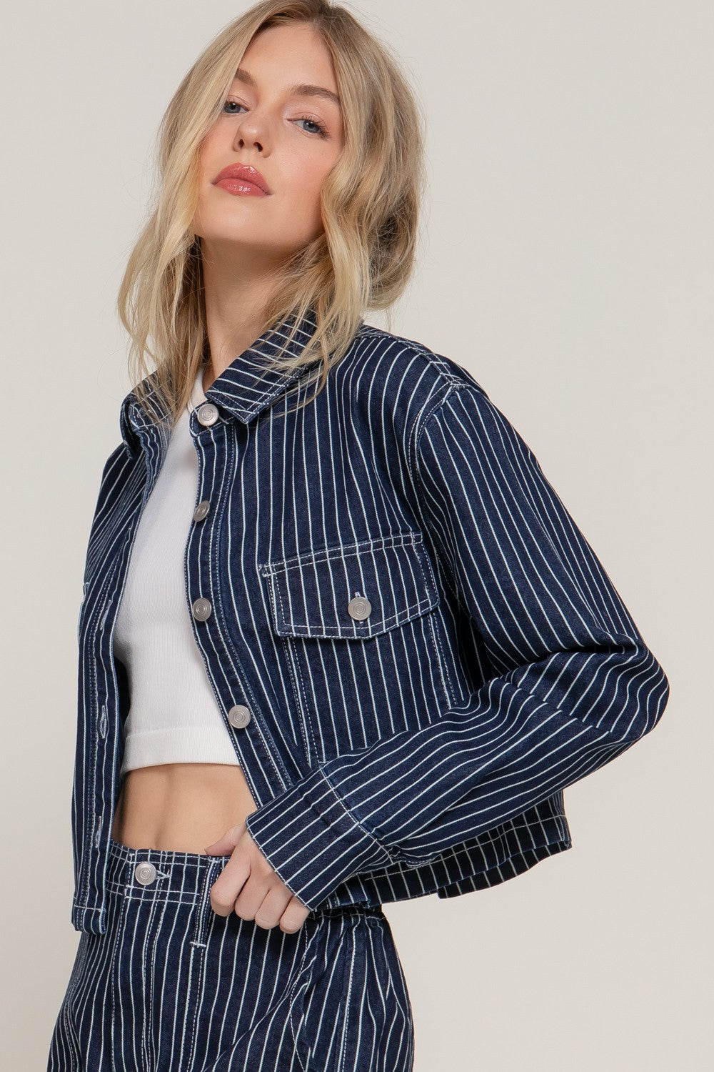Dark Blue Pin Stripe Denim Jacket
