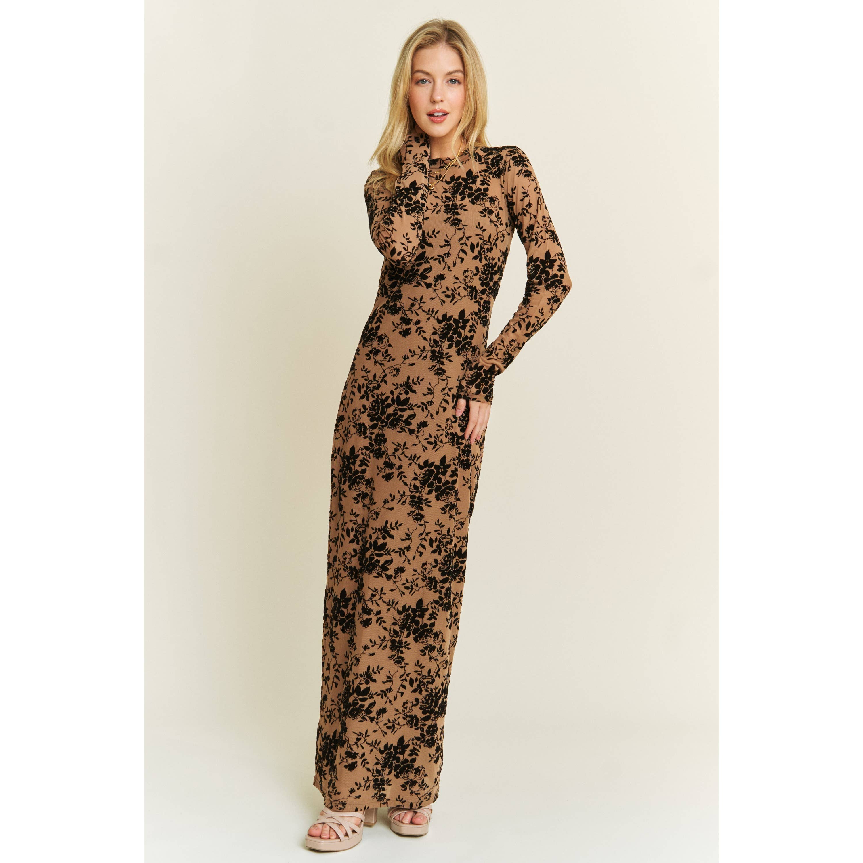 VELVET FLOCKING MAXI MESH DRESS WITH LONG SLEEVE: Mocha Multi  Younique  Culture