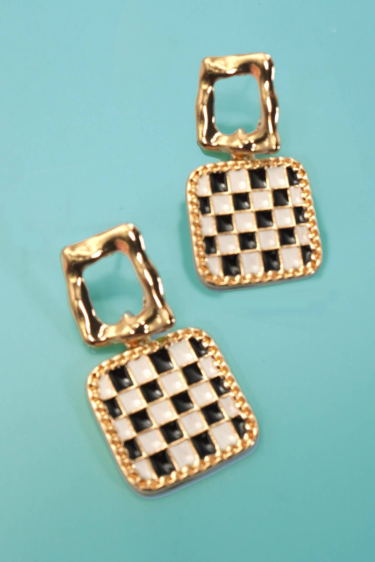 DOUBLE SQUARE CHEKER DROP EARRINGS: GOLD