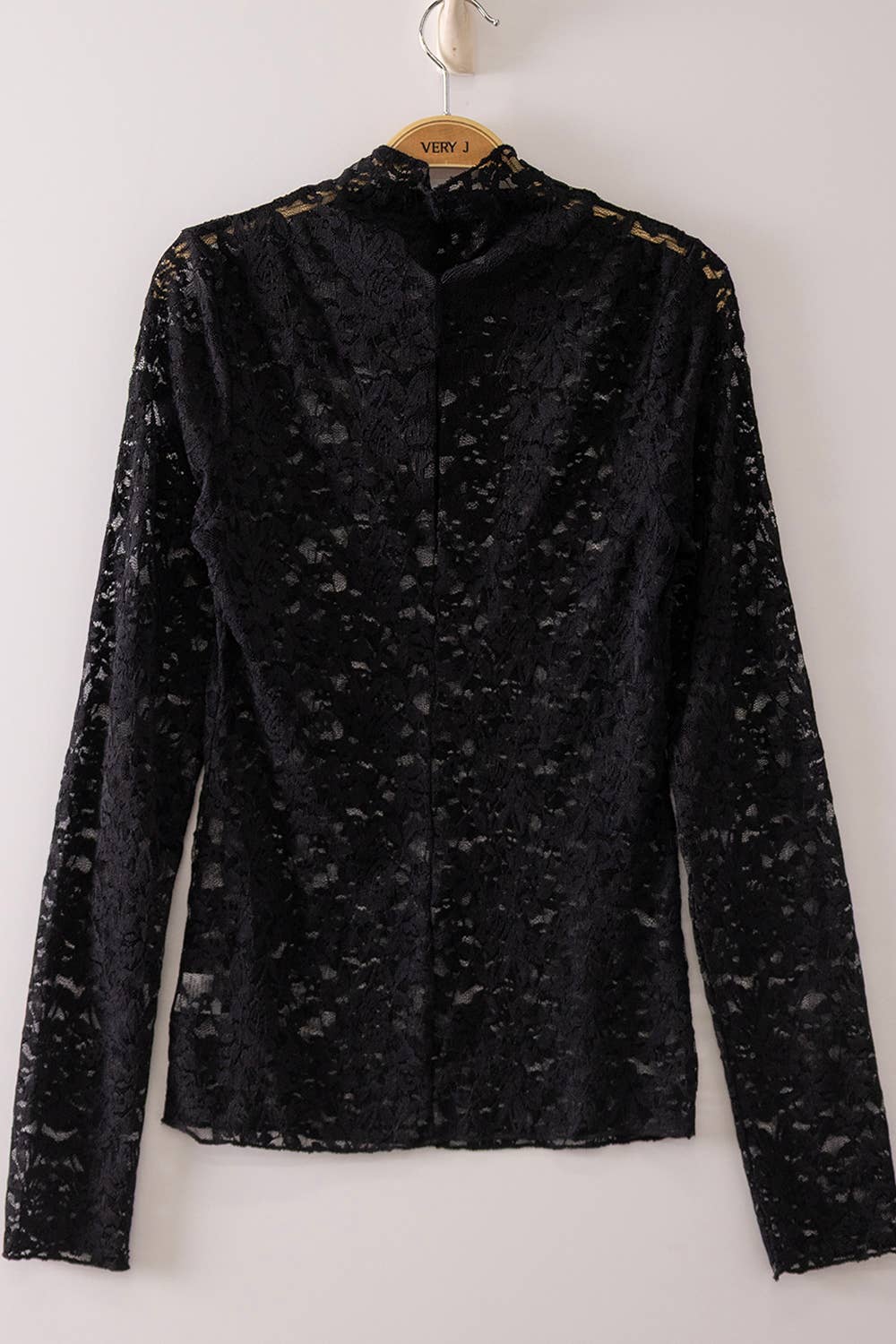 High Neck Fitted Sheer Mesh Lace Knit Top: BLACK