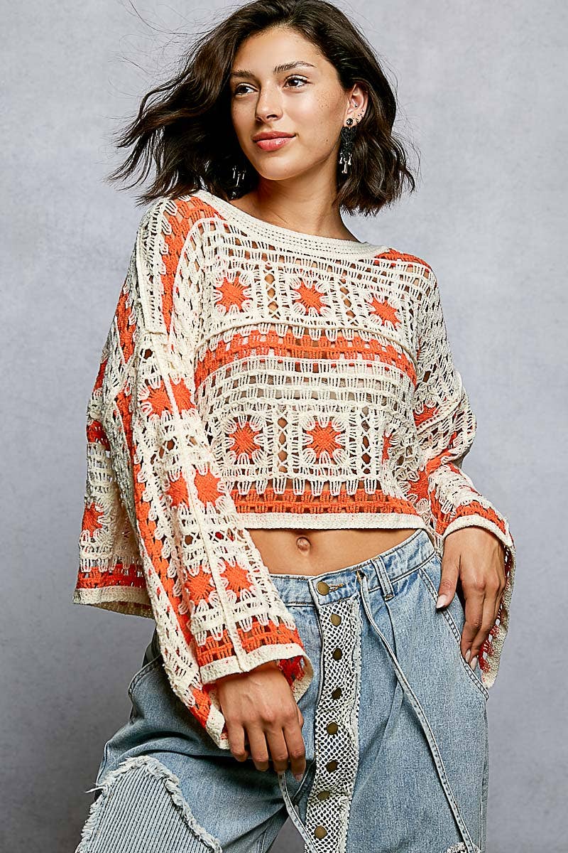 Long Sleeves Crochet Top- OS