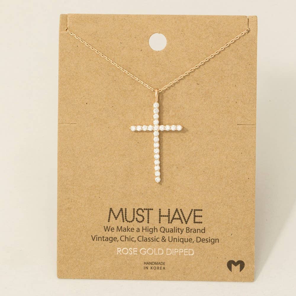 Metallic Pave Cross Pendant Chain Necklace