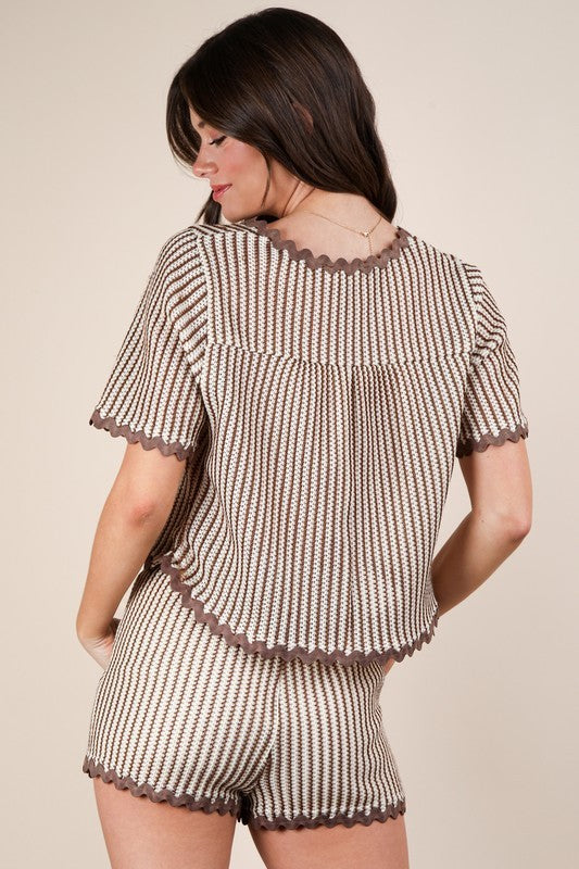Taupe Wave Trim Detail Top