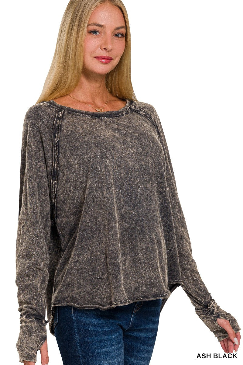 Ash Black Crinkle Washed Long Sleeve Top