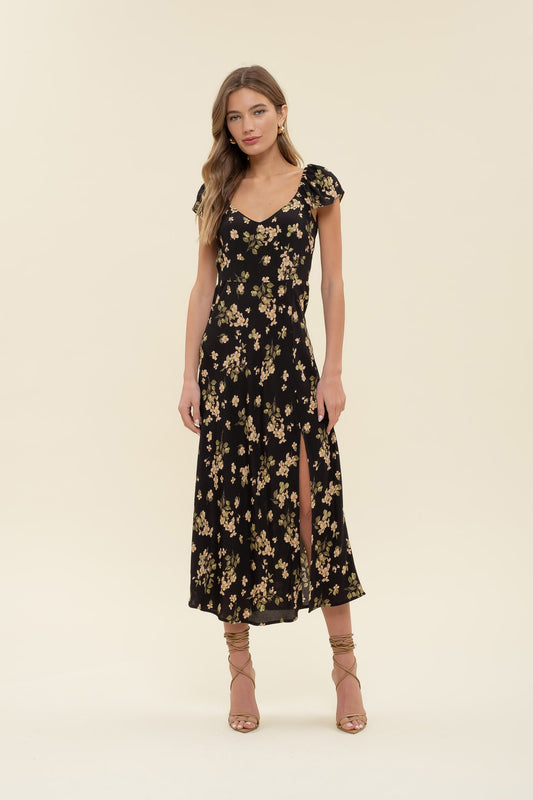 Black Floral V Neck Midi Dress