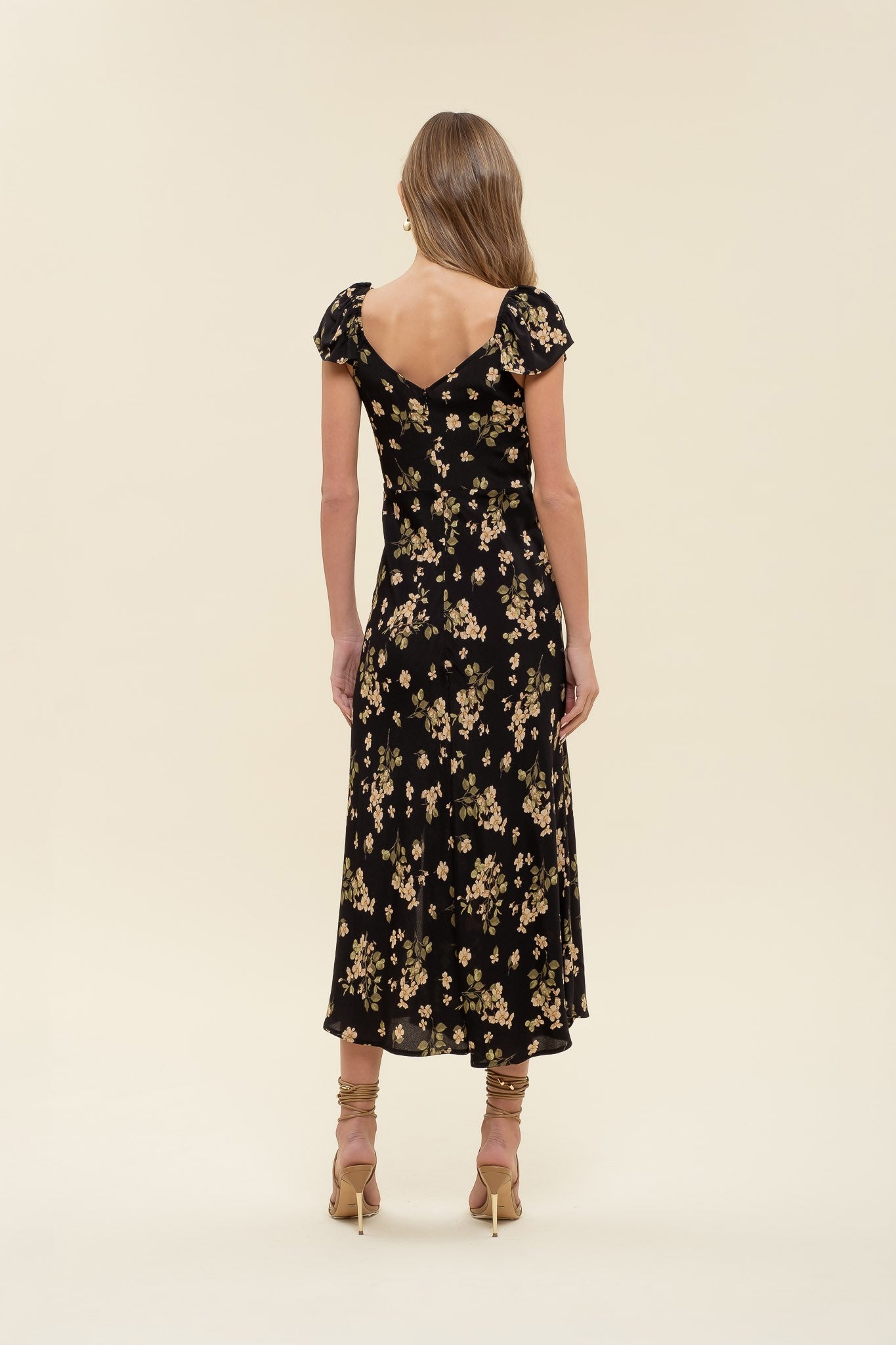Black Floral V Neck Midi Dress
