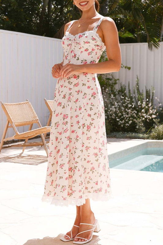 Floral Midi Dress with Lace Trim