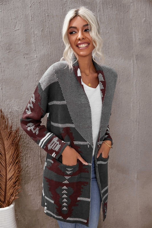 Gray Geometric Print Cardigan