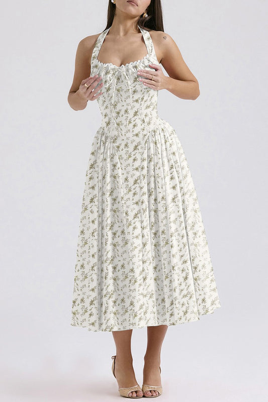 Ivory and Sage Green Floral Midi Dress