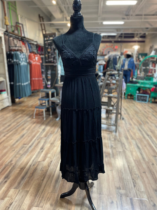 Black Lace Paneled Midi Dress