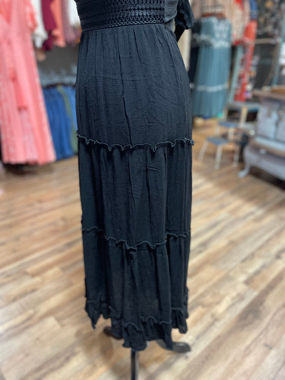Black Lace Paneled Midi Dress