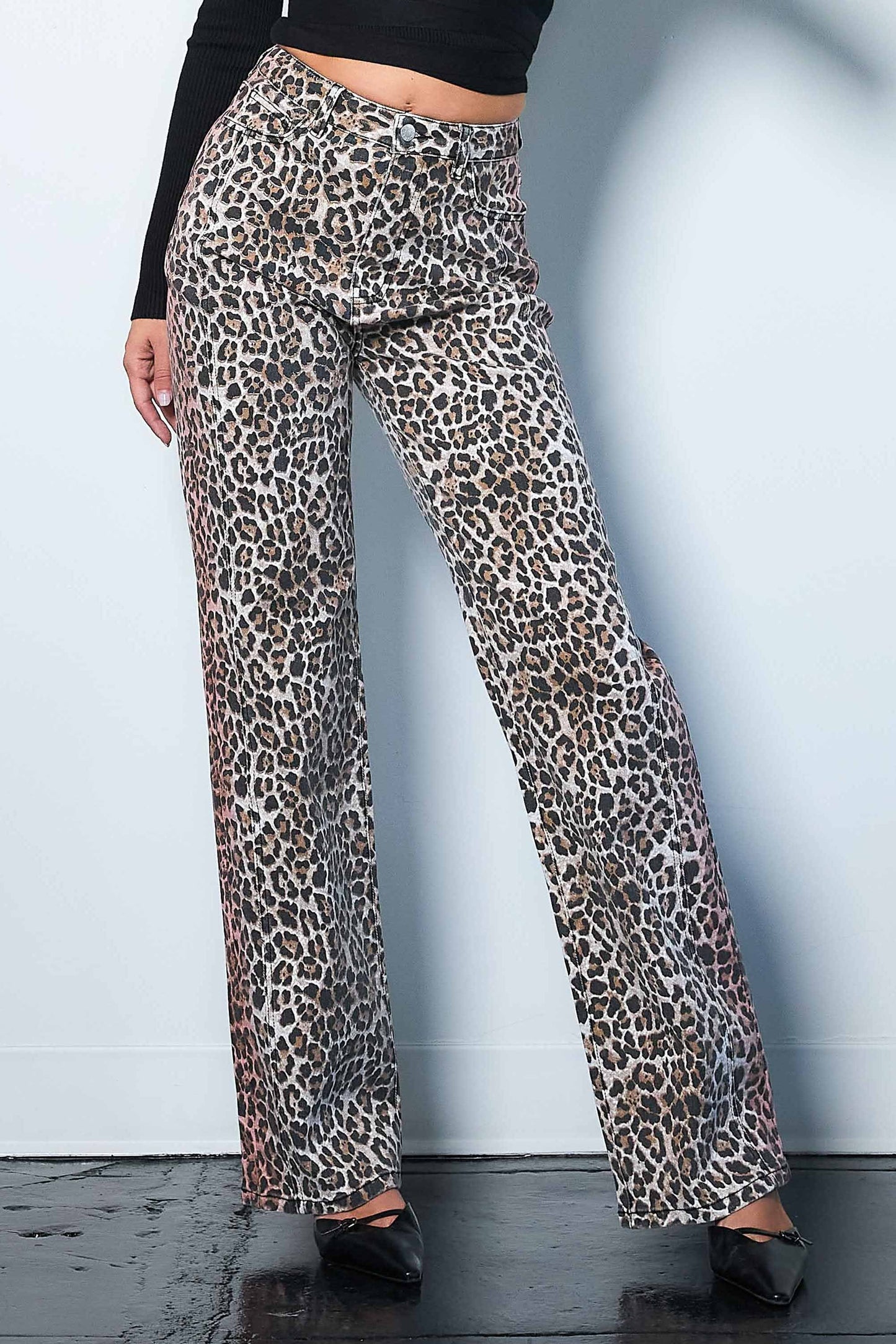 Black Leapord Print Wide Leg Jeans