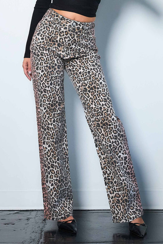 Black Leopard Print Wide Leg Jeans