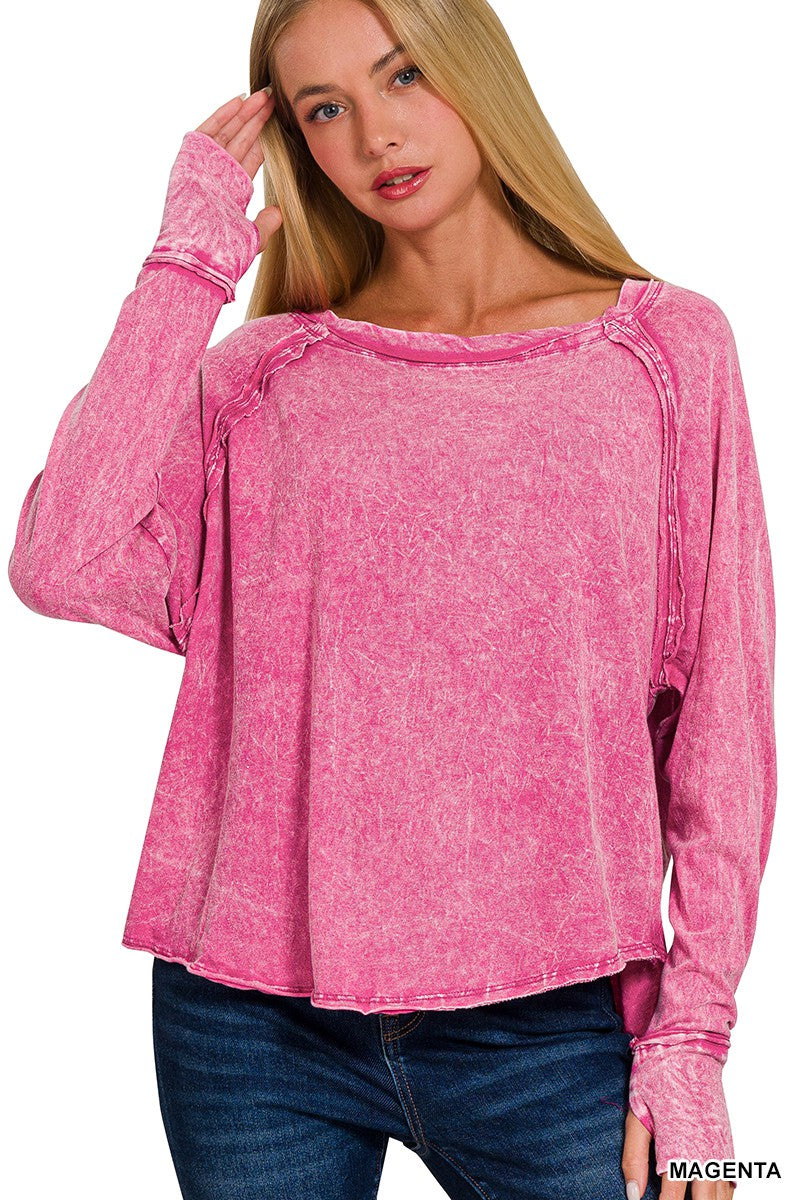 Magenta Crinkle Washed Long Sleeve Top