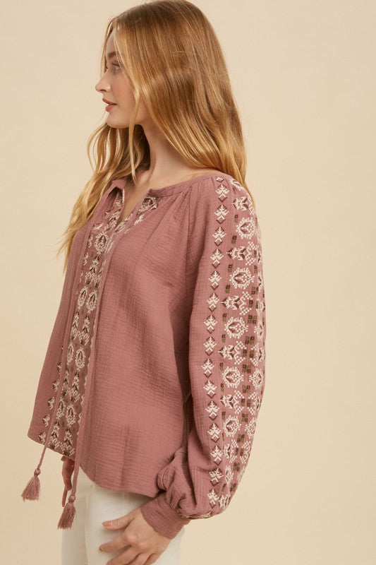 Mauve Embroidered Tie Neck Blouse