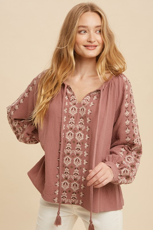 Mauve Embroidered Tie Neck Blouse