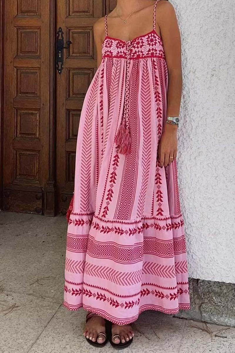Pink Maxi Boho Dress with Fuchsia Details