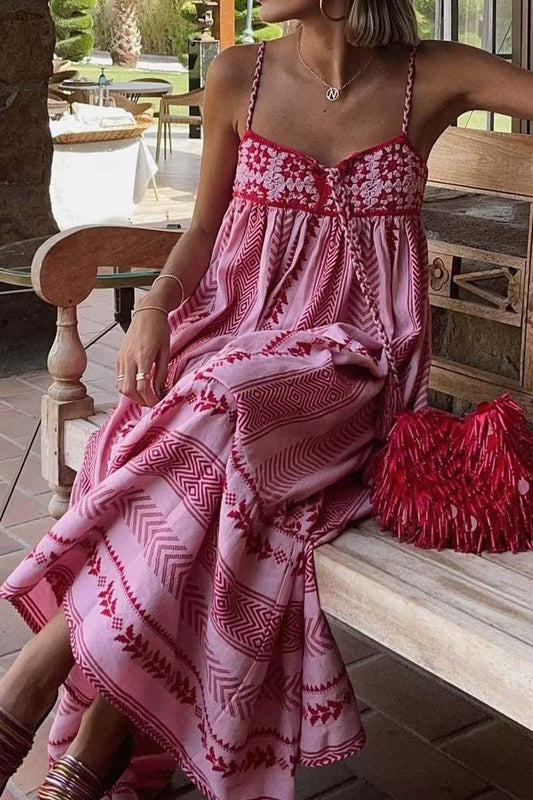 Pink Maxi Boho Dress with Fuchsia Details