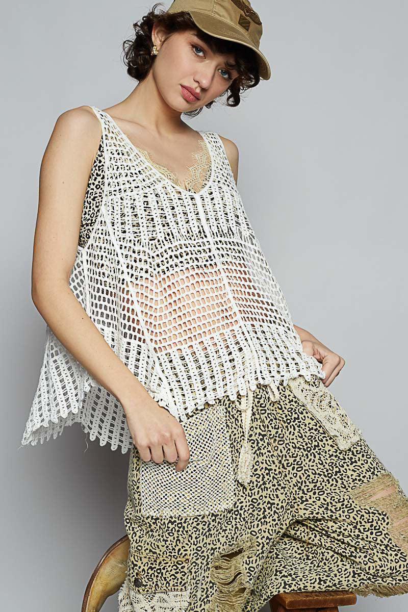 V- Neck White Crochet Tank