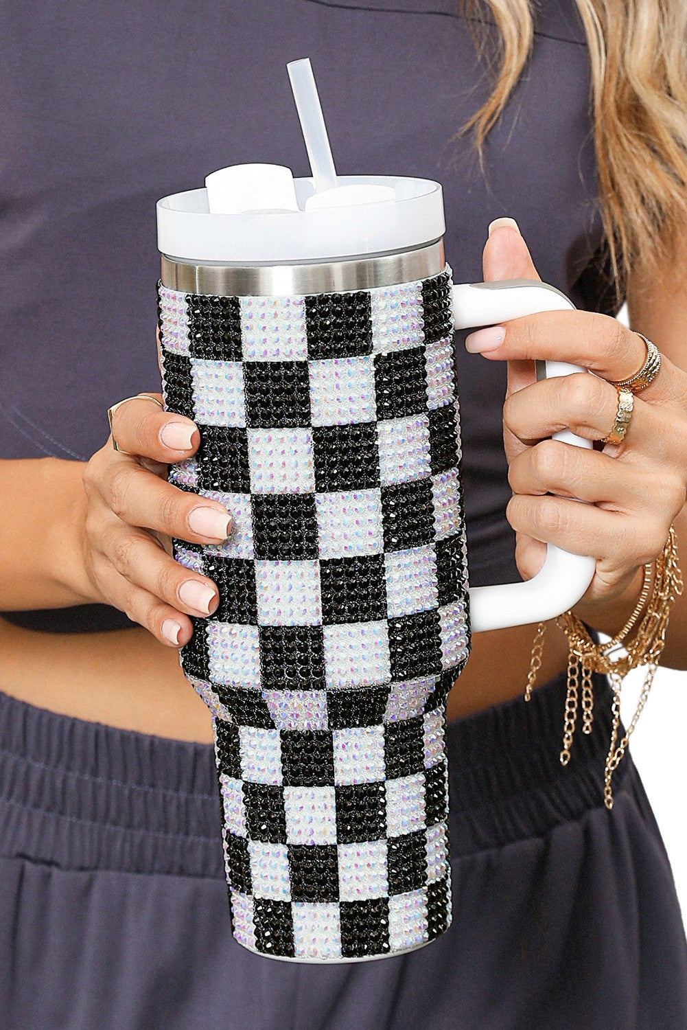 Black and White Rhinestone Checkered Tumbler