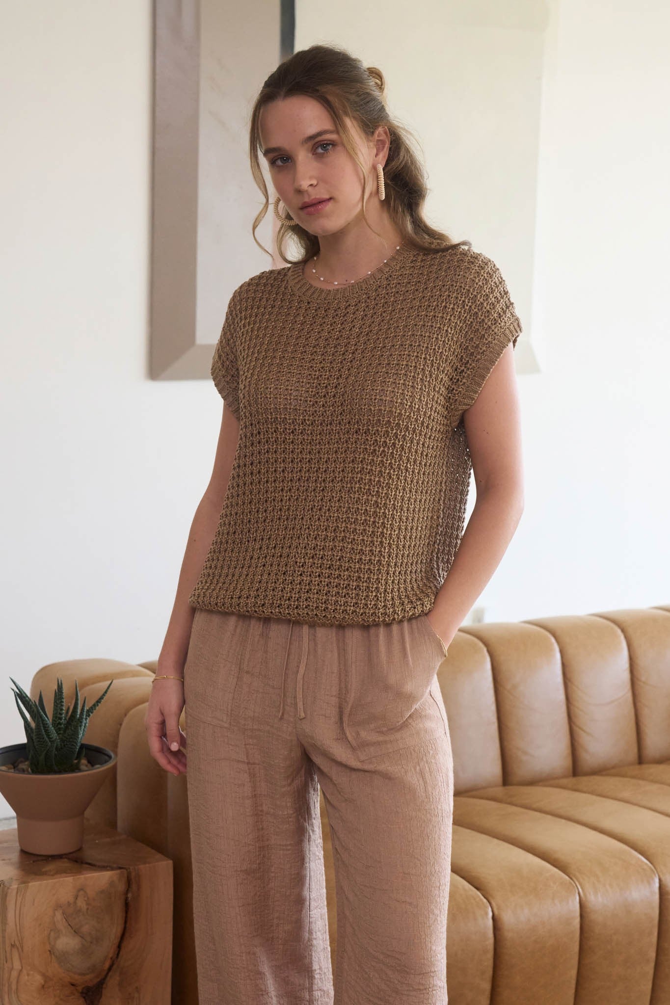 Tan Crochet Knit Sweater Top