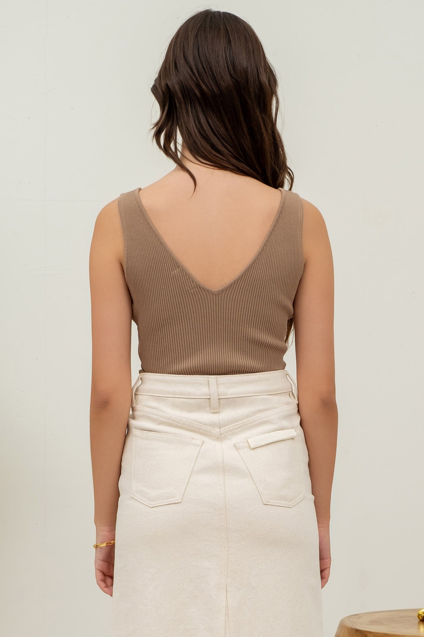 Tan Ribbed V-neck Tank Top