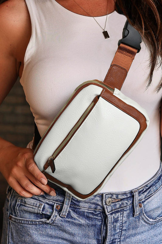 White and Brown Faux Leather Belt Bag