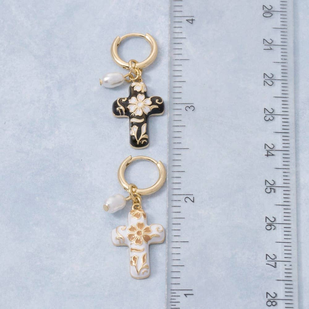 Ceramic Floral Cross And Pearl Charms Hoop Earrings