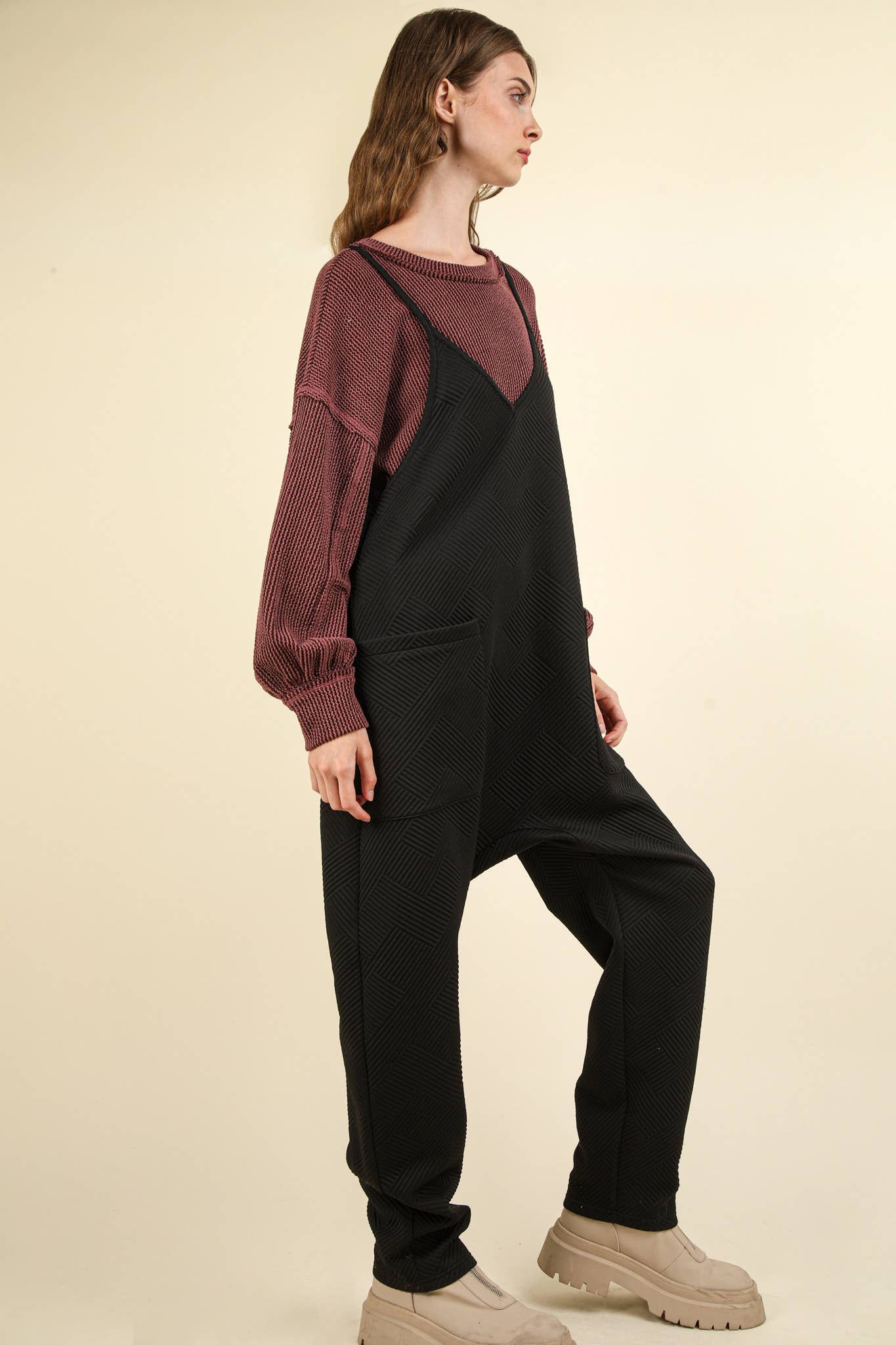 Quilted Loose Fit Casual Baggy Knit Jumpsuit: BLACK
