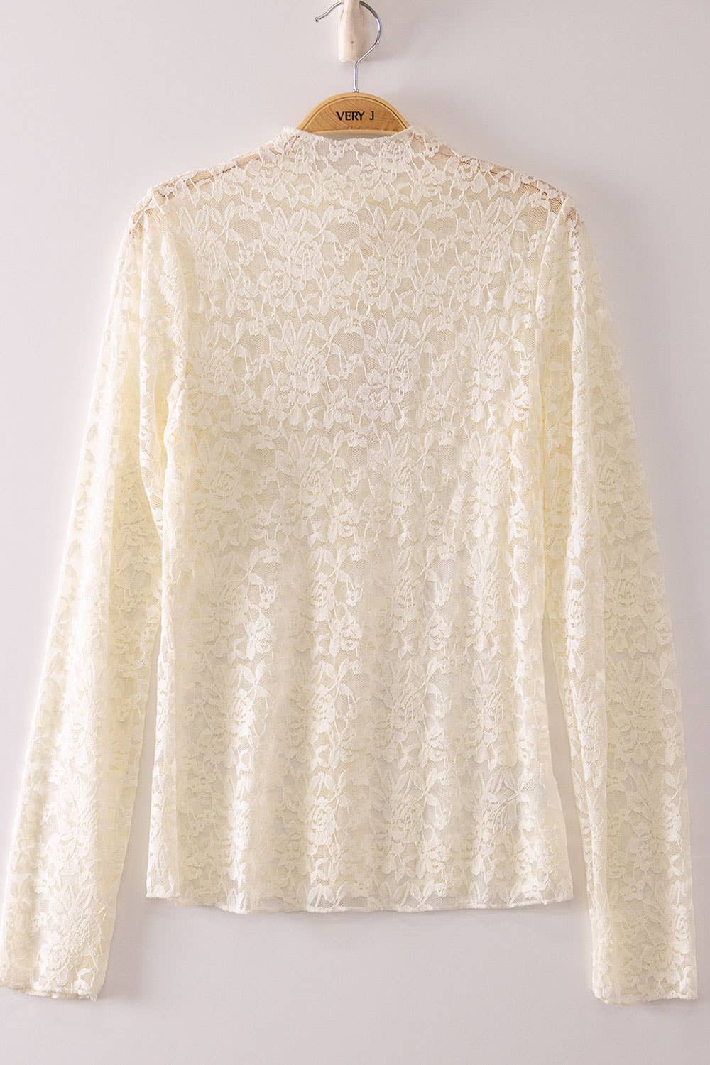 High Neck Fitted Sheer Mesh Lace Knit Top: IVORY